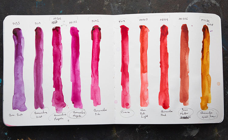 喹吖啶酮顏料的光譜，從紫色到金色。